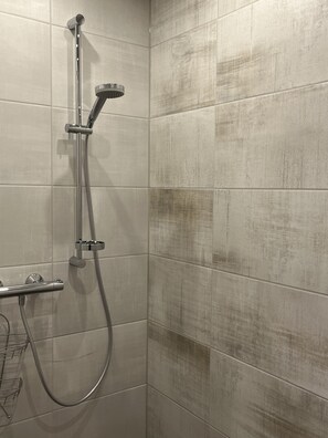 Shower, hair dryer, towels