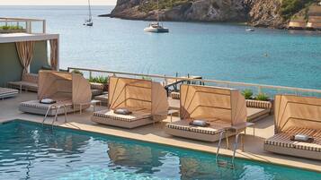 Seasonal outdoor pool, open 10:00 AM to 8:00 PM, pool umbrellas
