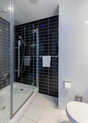 Shower, hydromassage showerhead, eco-friendly toiletries, hair dryer