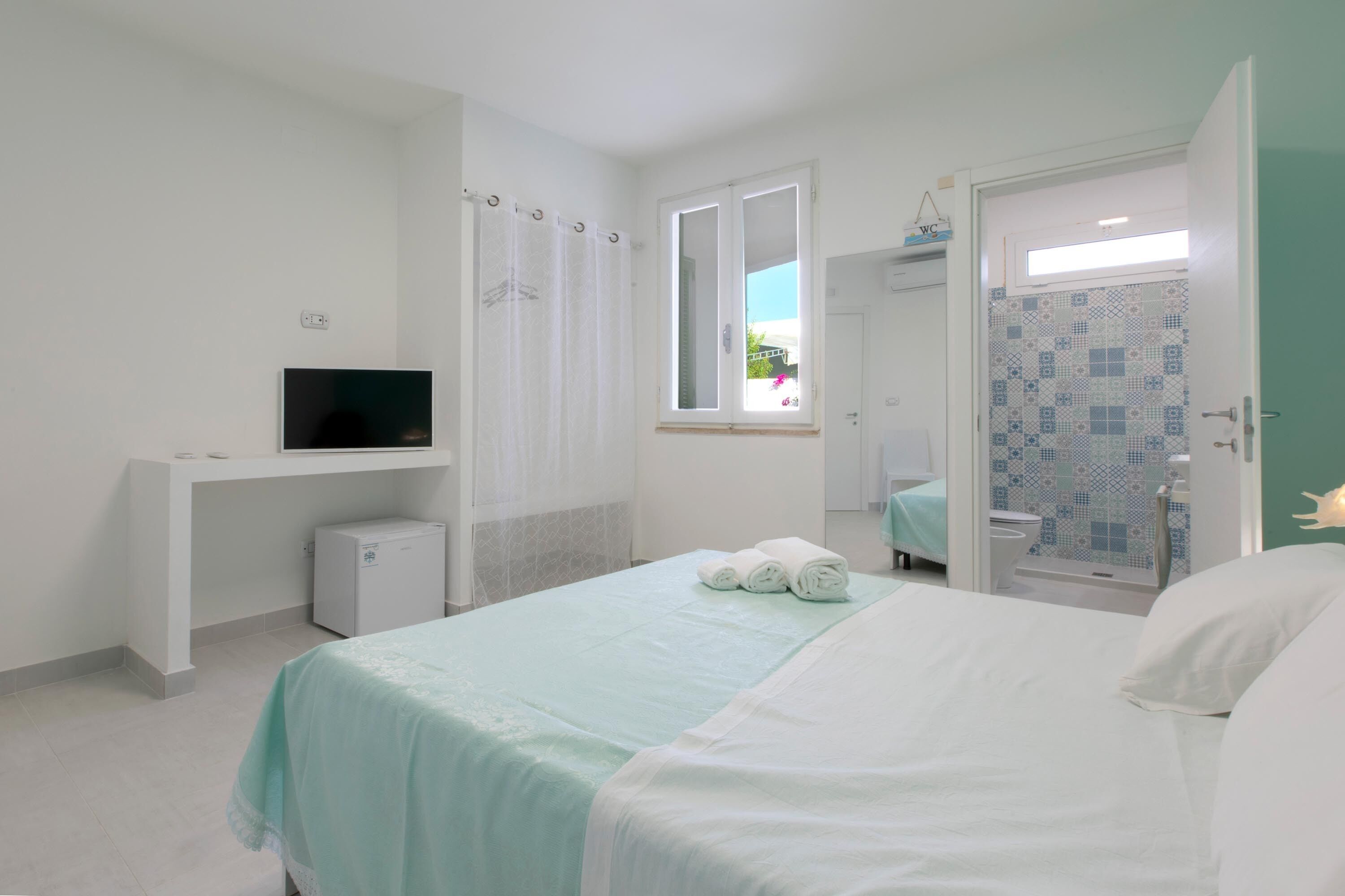 Un dormitorio con cama, televisor sobre un escritorio, zona de ducha y vista al exterior.