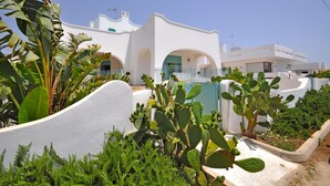 A white building with a blue door and arches, surrounded by cacti and other plants.