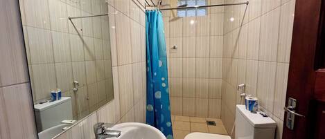 A bathroom with a sink, toilet, and shower area.