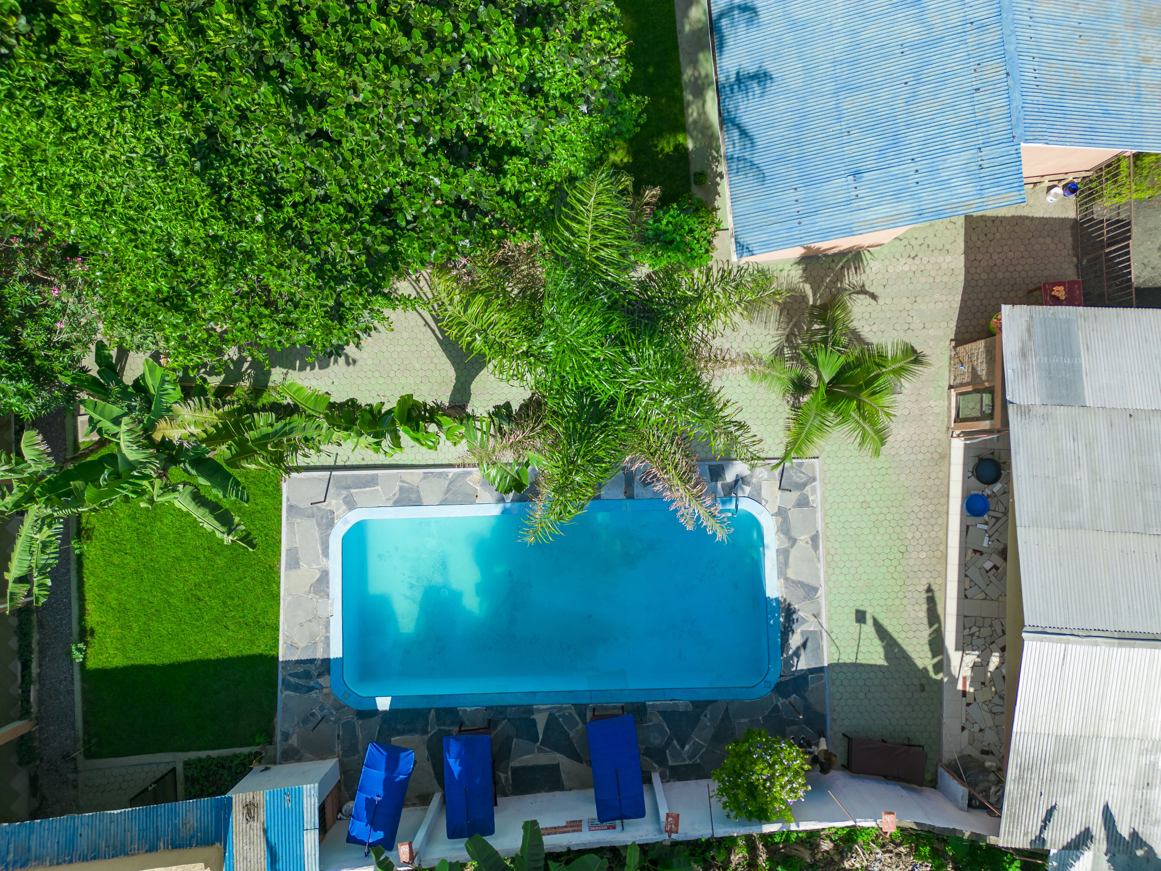 Eine Vogelperspektive auf einen Swimmingpool, umgeben von üppigem Grün, mit einer Steinmauer und einer Metallkonstruktion in der Nähe.