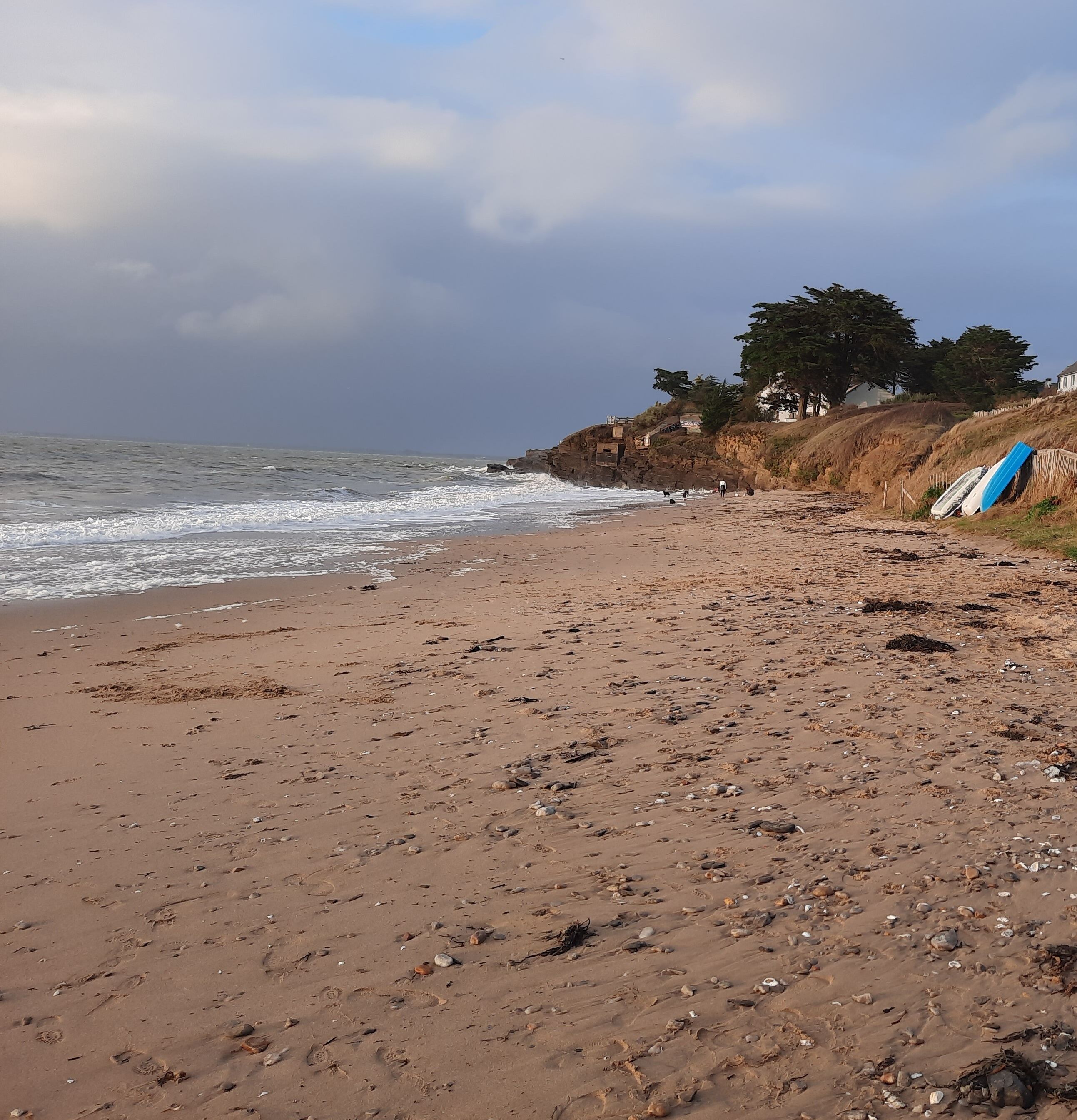 A beach with scattered rocks and footprints, a blue surfboard leaning against a fence, and a cliff with buildings in the background.