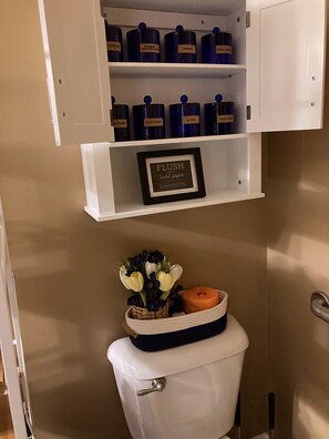 A bathroom with a toilet, a shelf above the toilet containing blue containers labeled with various cleaning products, and a framed sign above the shelf that reads "FLUSH ONLY toilet paper".