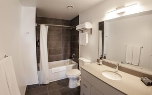Combined shower/tub, free toiletries, hair dryer, towels