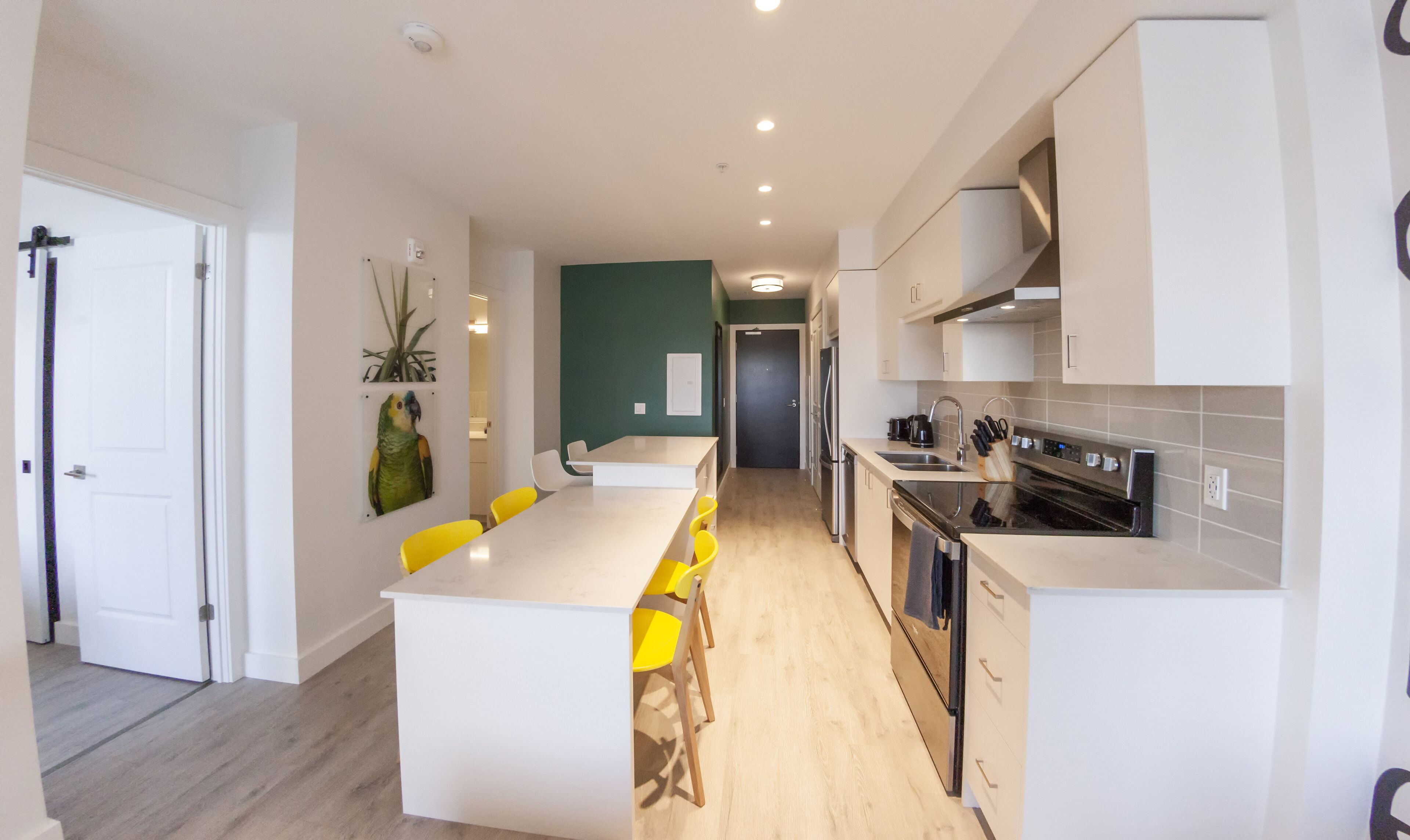 A modern kitchen with white cabinets, a central island with yellow chairs, and a green accent wall.