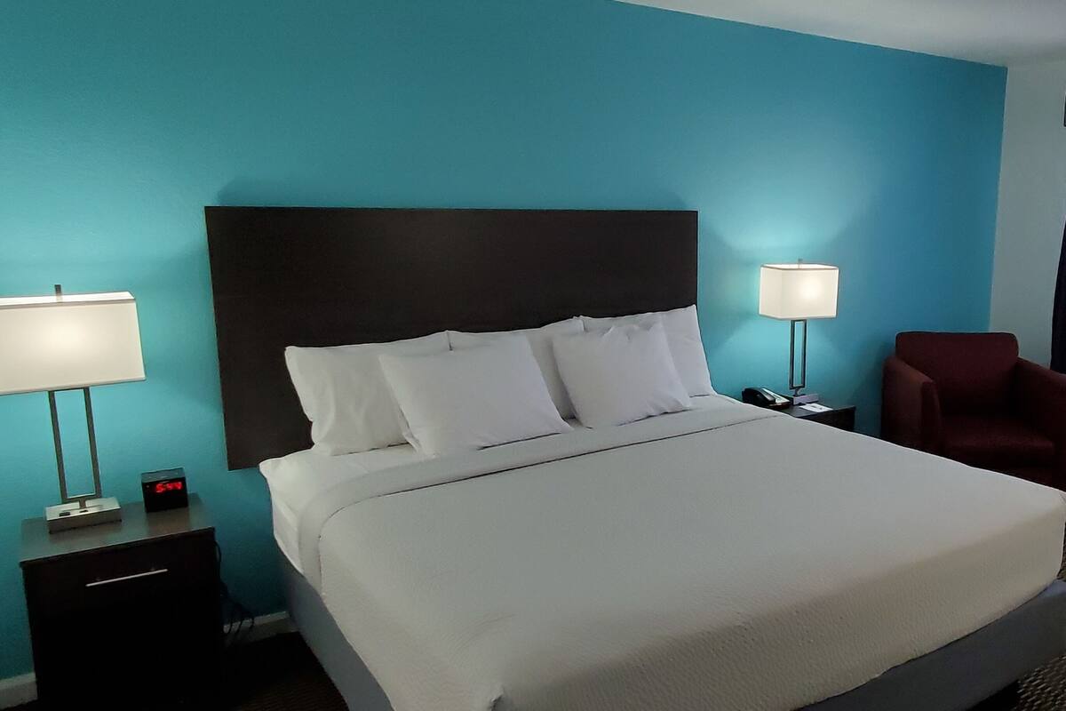 Une chambre d’hôtel avec un grand lit, une table de chevet avec une lampe, une chaise et une fenêtre avec des rideaux.