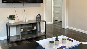 A modern living room with a flat-screen TV mounted on the wall, a dark wooden coffee table with a tray holding small potted plants, and a minimalist entertainment unit below.