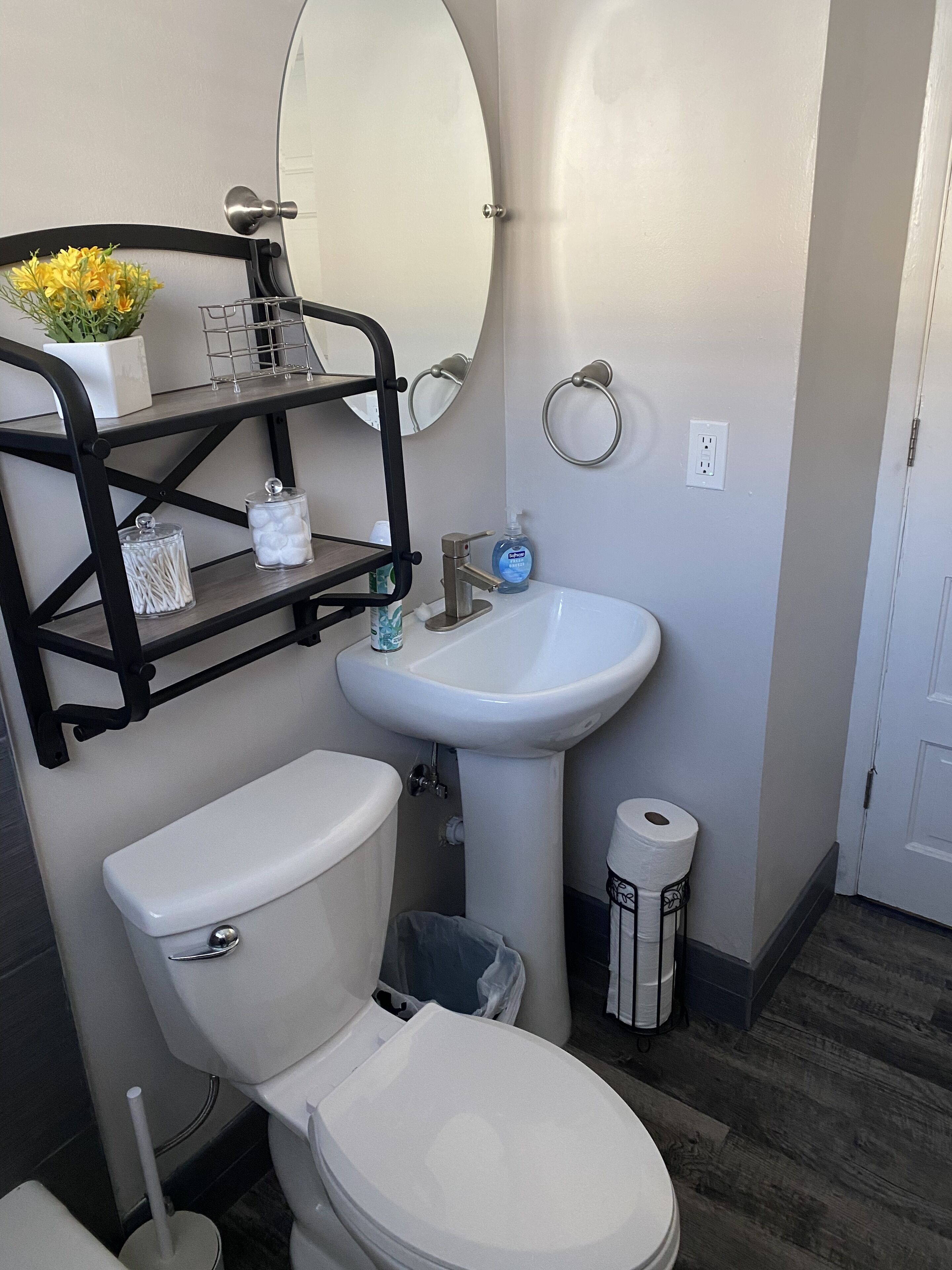 Hair dryer, towels, soap, shampoo