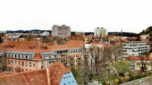 A multi-story building with a flat roof and a blue facade. - Rafael Kaiser - Apartment Sunlight (Graz)