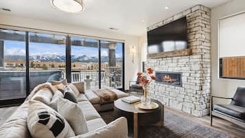 Smart TV, fireplace, books, printers