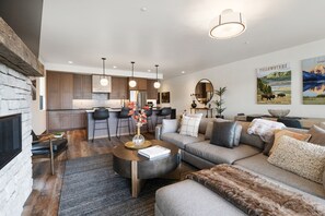 TV connectée, cheminée, livres, imprimantes