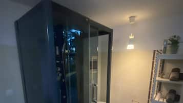Shower, hair dryer, towels