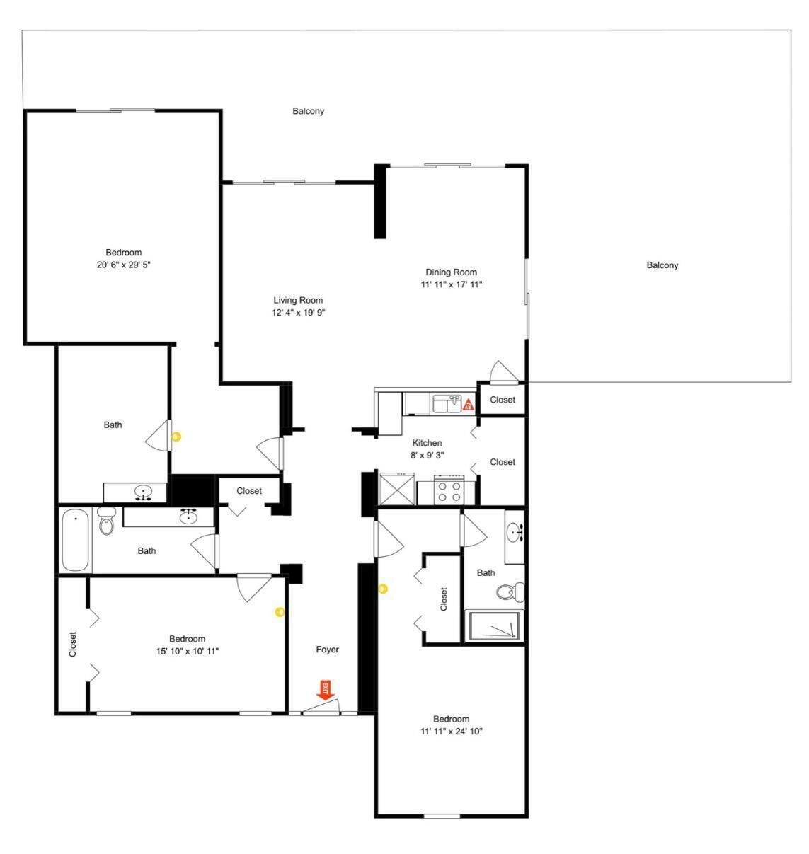 A floor plan of a hotel with multiple bedrooms, a dining room, a kitchen, and a foyer.