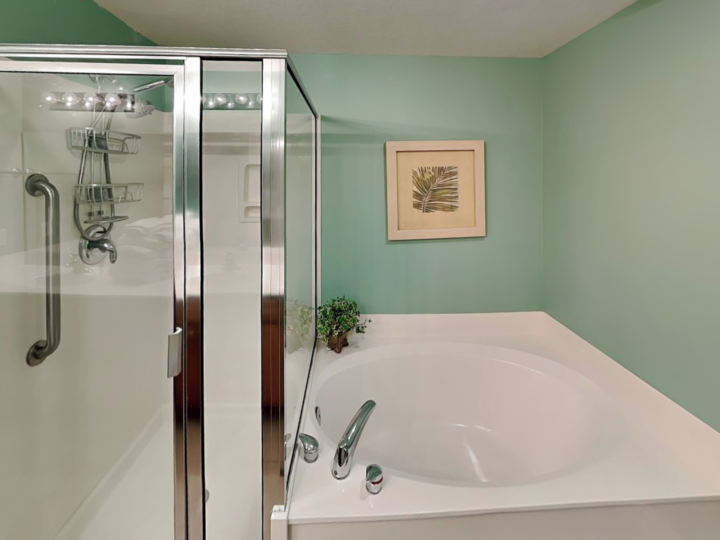A bathroom with a glass-enclosed shower, a white bathtub, and a framed leaf artwork on the wall.