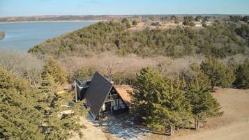View from above to show the lake behind the A-Frame