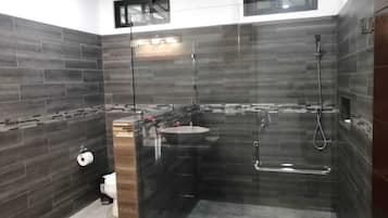 Hair dryer, towels, shampoo