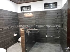 Hair dryer, towels, shampoo