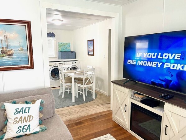 Smart TV, fireplace, books