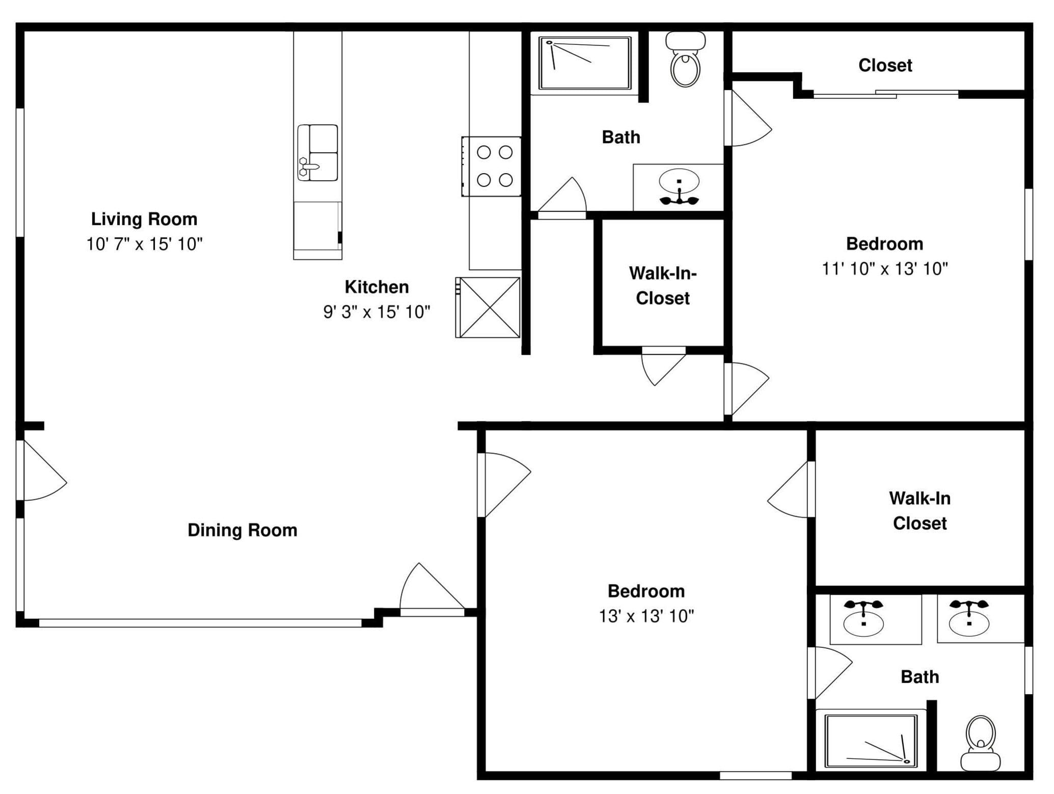 Un plan d’étage comprenant un salon, une cuisine, une salle à manger, deux chambres, une salle de bain et un dressing.