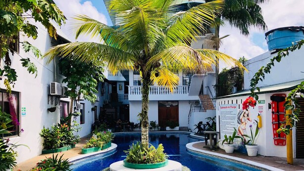 A pool area with a circular water feature, surrounded by potted plants and palm trees. - Hotel Yurupary (Leticia)