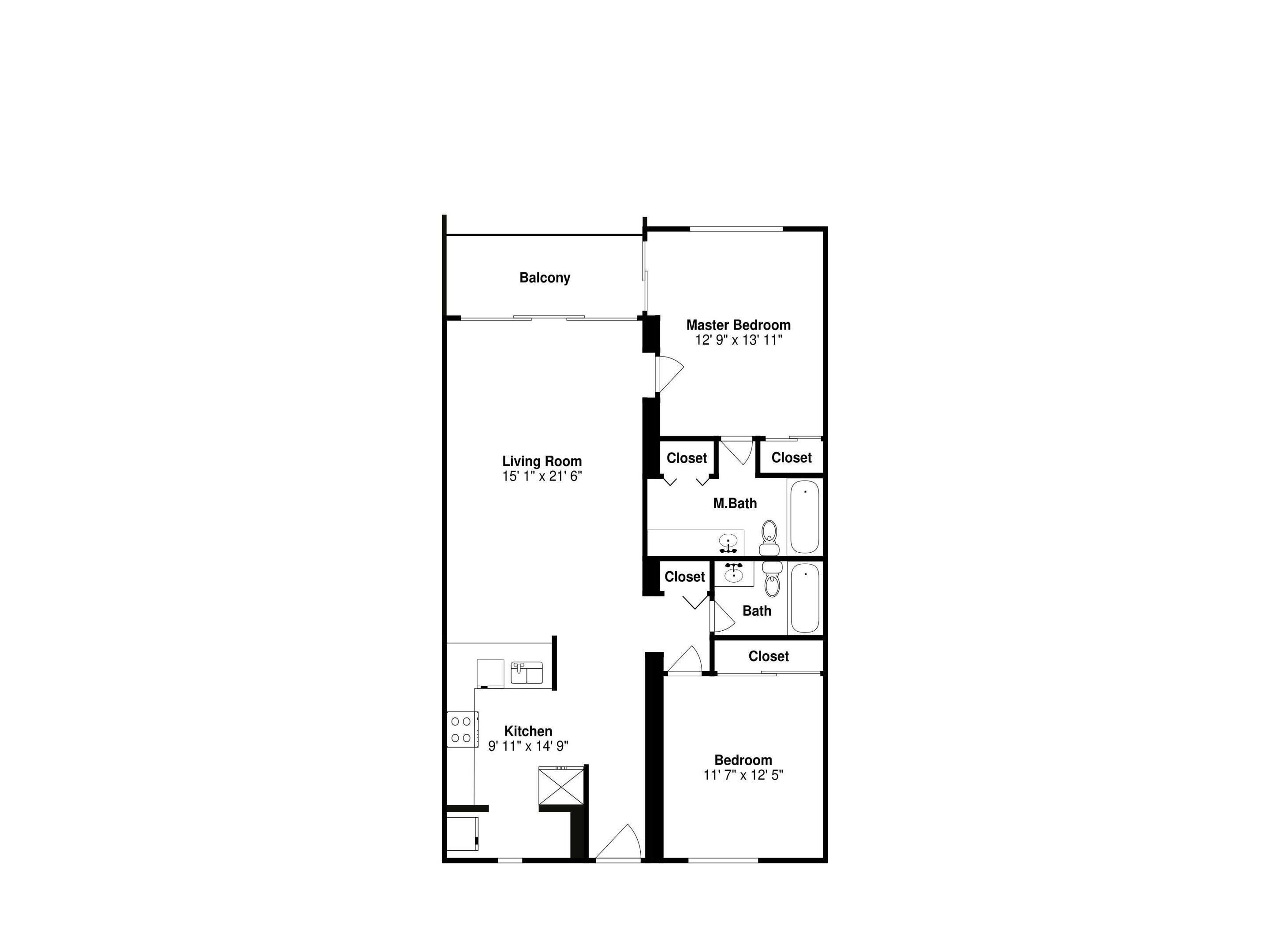 A floor plan of a house with a balcony, master bedroom, living room, kitchen, and two bedrooms.