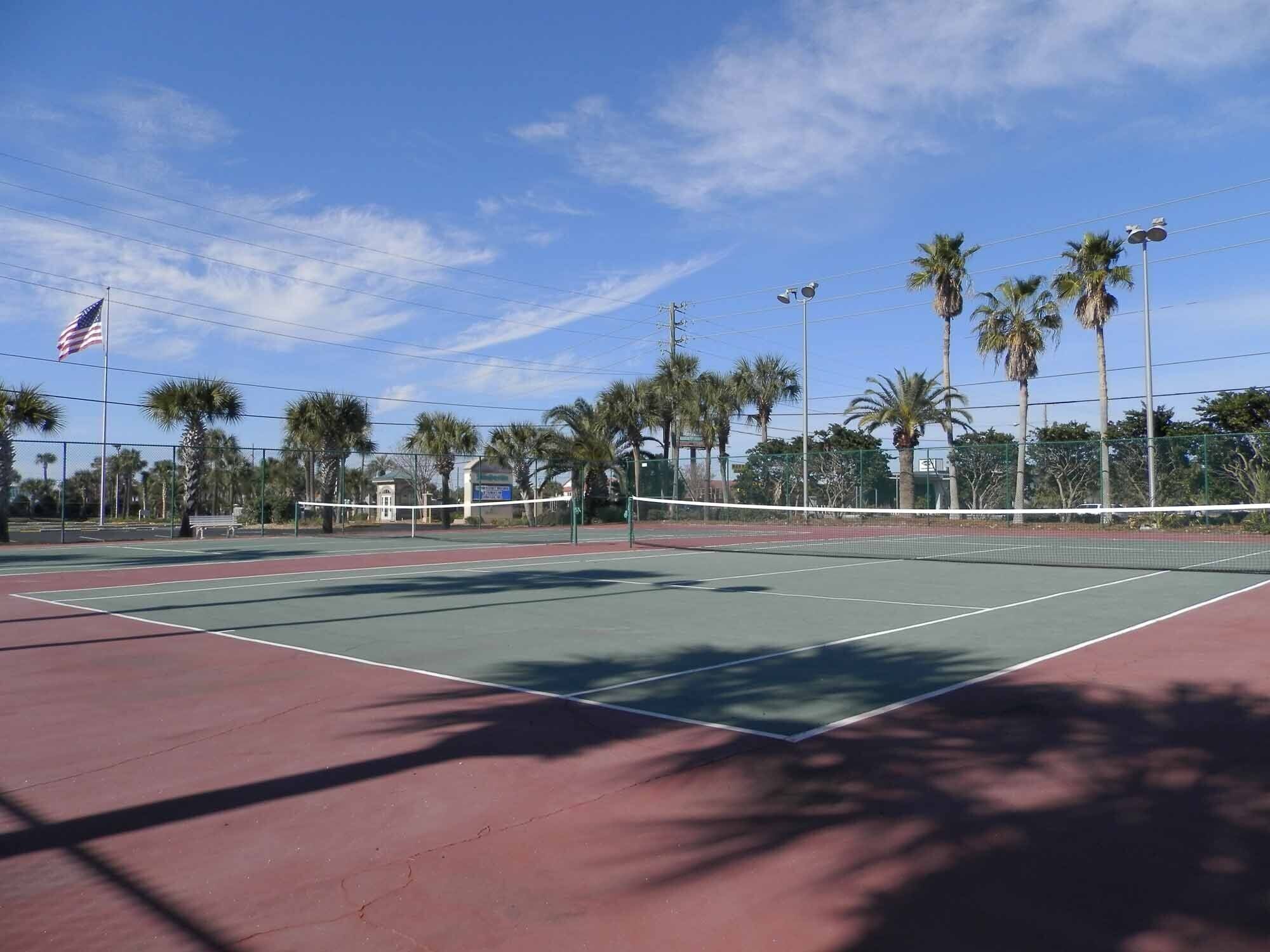 An outdoor tennis court with a net, surrounded by palm trees and a flag.