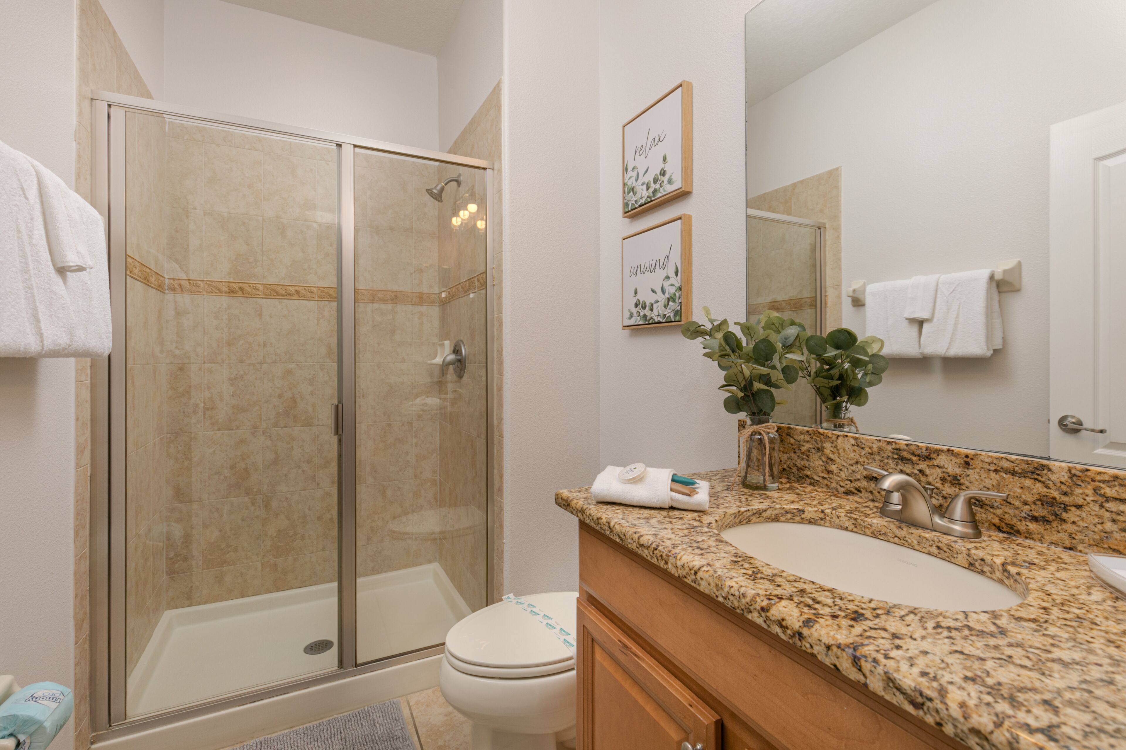 A modern bathroom with a glass-enclosed shower, a sink with a granite countertop, and a toilet.