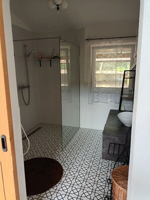 Shower, hair dryer, toilet paper