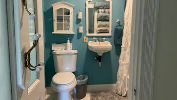 Hair dryer, towels, soap, shampoo