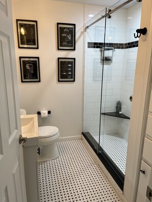 Dusche, Haartrockner, Handtücher, Seife