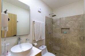 A modern bathroom with a large sink, toilet, and glass-enclosed shower.