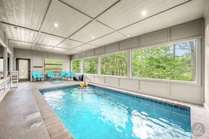 Indoor pool, a heated pool - Private Getaway on 3 Acres 5BR Loaded 4King Suites Indoor Pool Theater Game Rm (Sevierville)