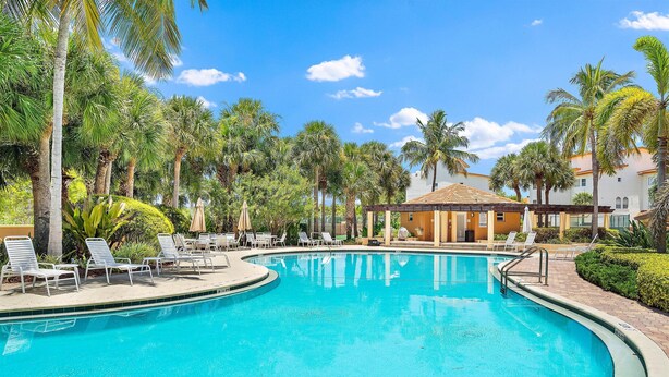 A swimming pool with lounge chairs and palm trees. - Tortuga Shoals (Tierra Verde)