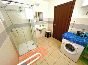 Hair dryer, towels, toilet paper