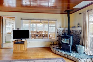TV, DVD player, books, video library