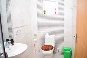Douche, sèche-cheveux, serviettes fournies, savon