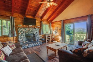 Smart TV, chimenea y libros 