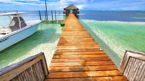 Un muelle de madera que conduce a una cabaña de techo de paja sobre el agua.