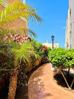 A curved pathway lined with lush greenery and a lamp post, leading to a building with a dome-shaped structure.
