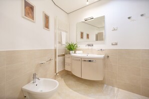 Shower, hair dryer, bidet, towels