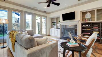 Smart TV, fireplace, books