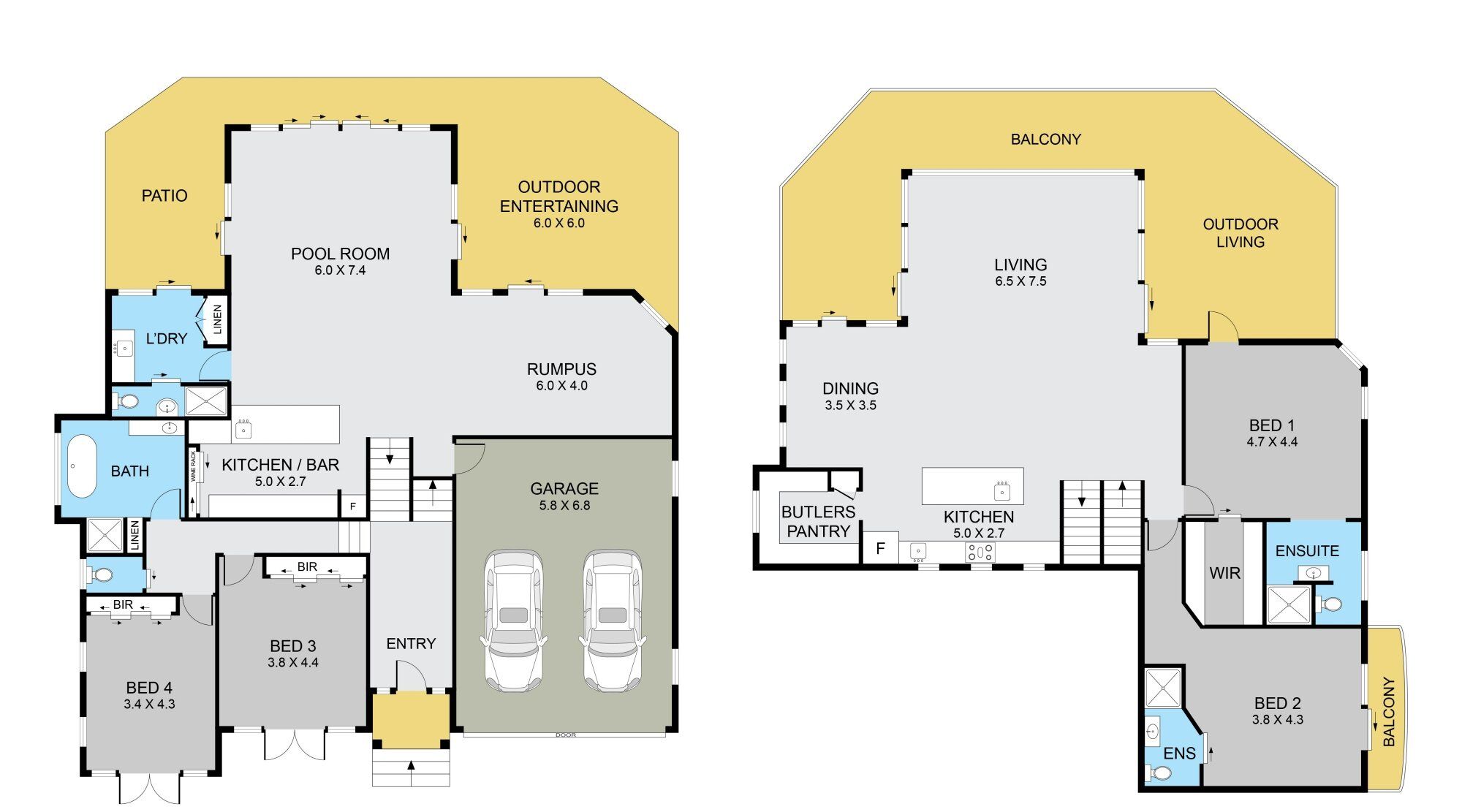 Een plattegrond van een huis met een zwembadruimte, terras, eethoek, keuken, woonkamer en meerdere slaapkamers.