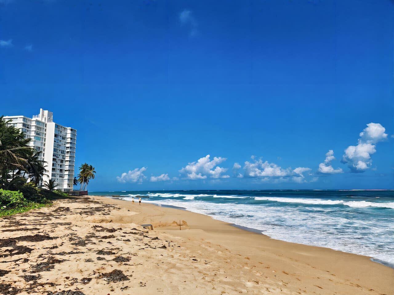 Una playa con un alto edificio de hotel, palmeras y olas del océano.