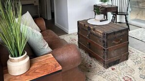 A living room with a brown leather sofa, a wooden chest, and a potted plant. - Buckley Farm Casita (Menifee)