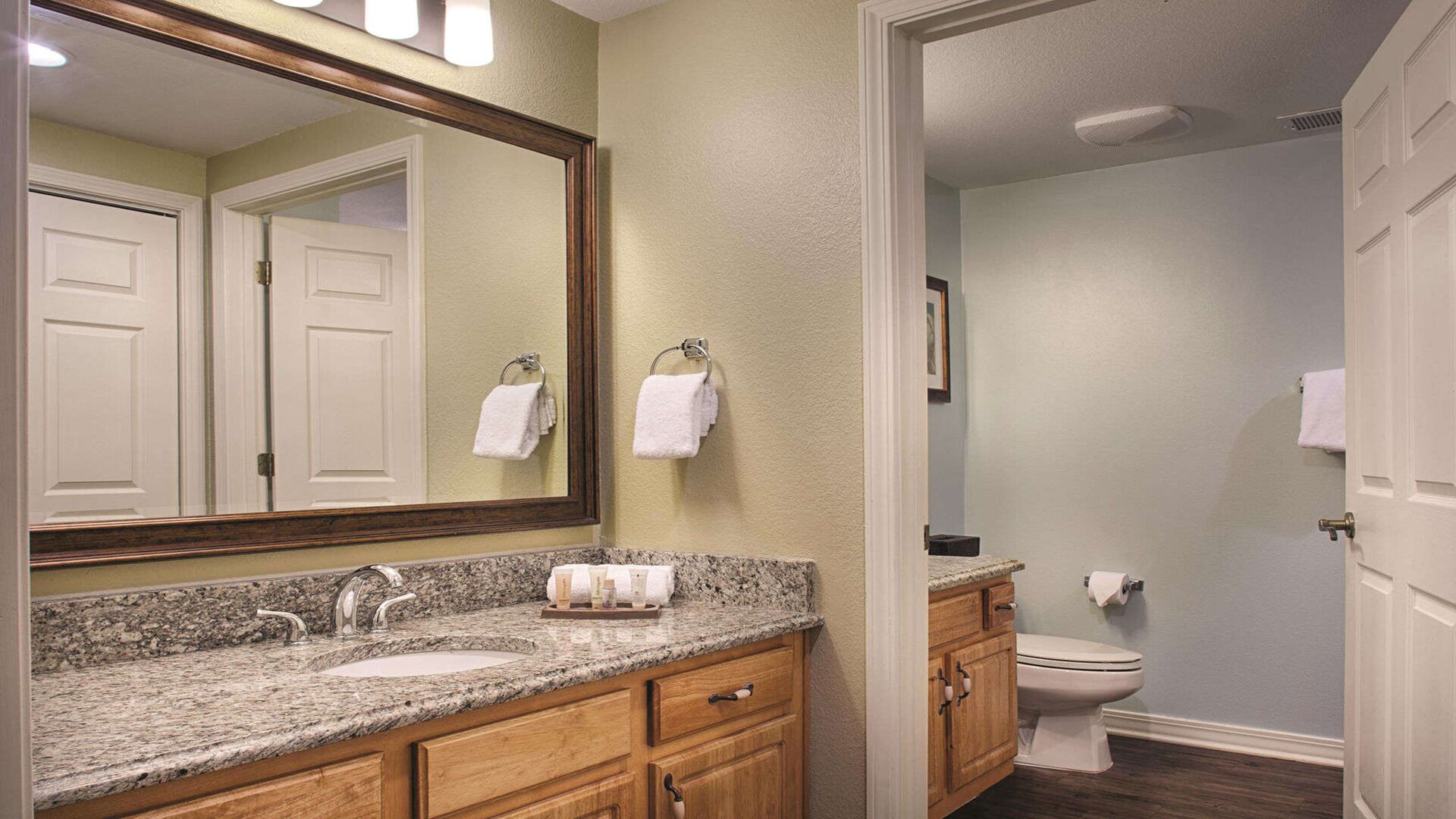 Une salle de bain avec un lavabo surmonté d’un plan de travail en granit, des meubles en bois, des toilettes et un grand miroir avec des lumières au-dessus.
