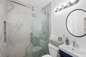 Hair dryer, towels, soap, shampoo