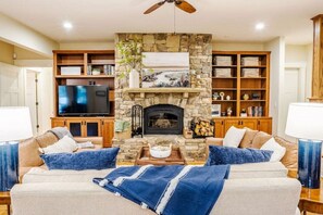 Smart TV, fireplace, video games, foosball