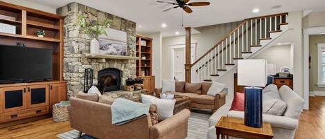 Smart TV, fireplace, video games, foosball